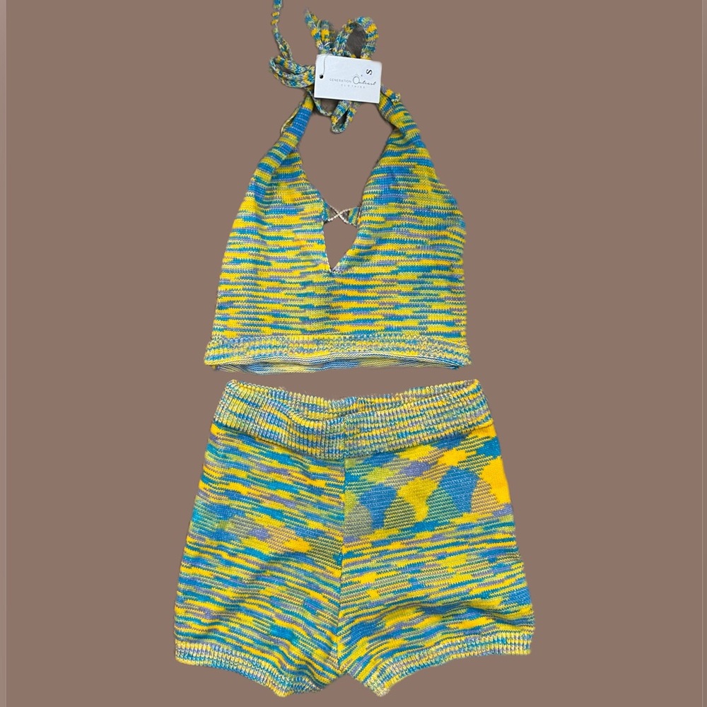 HALTER NECK TOP AND SHORTS BLUE AND YELLOW SET